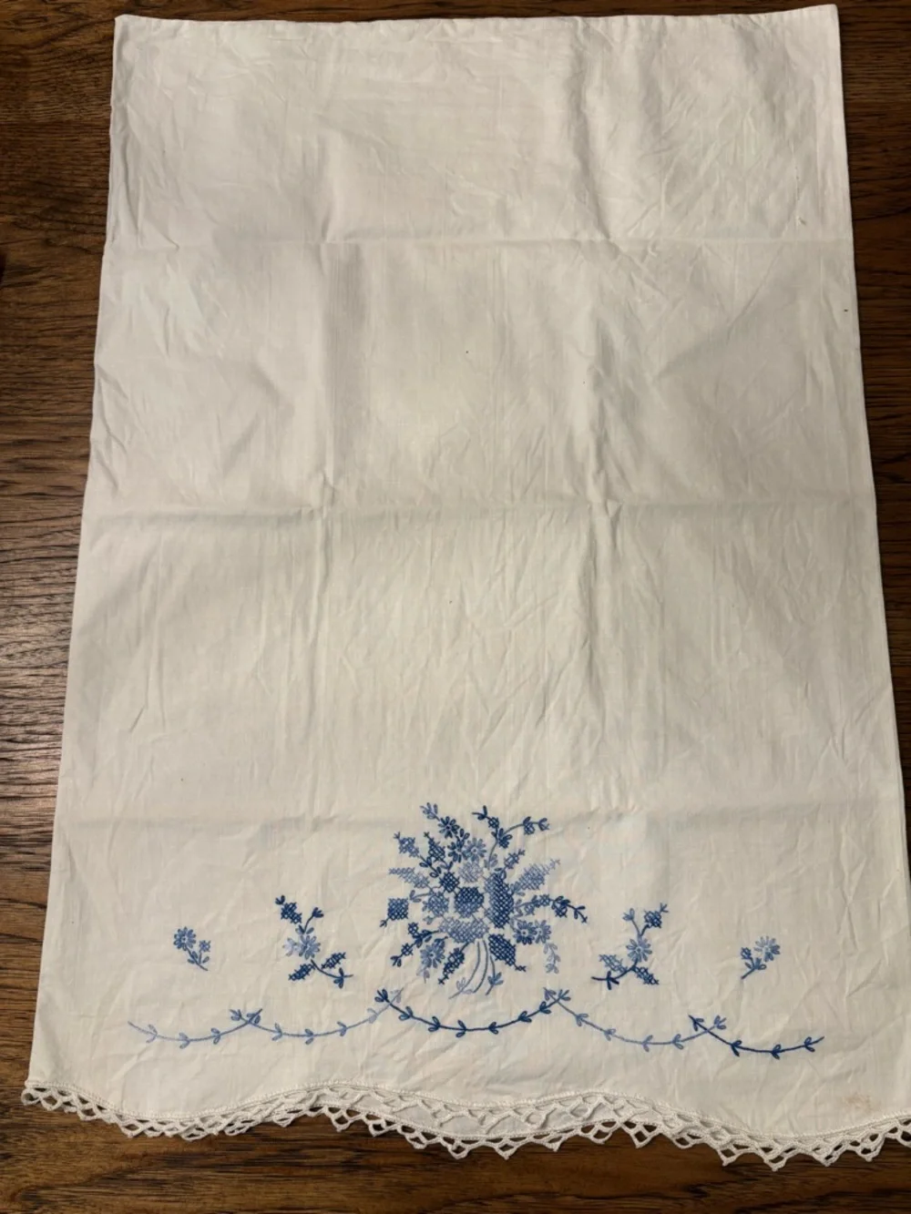 Pair Vintage Hand Embroidered Cotton Pillowcases Blue Floral Cottage Heirloom